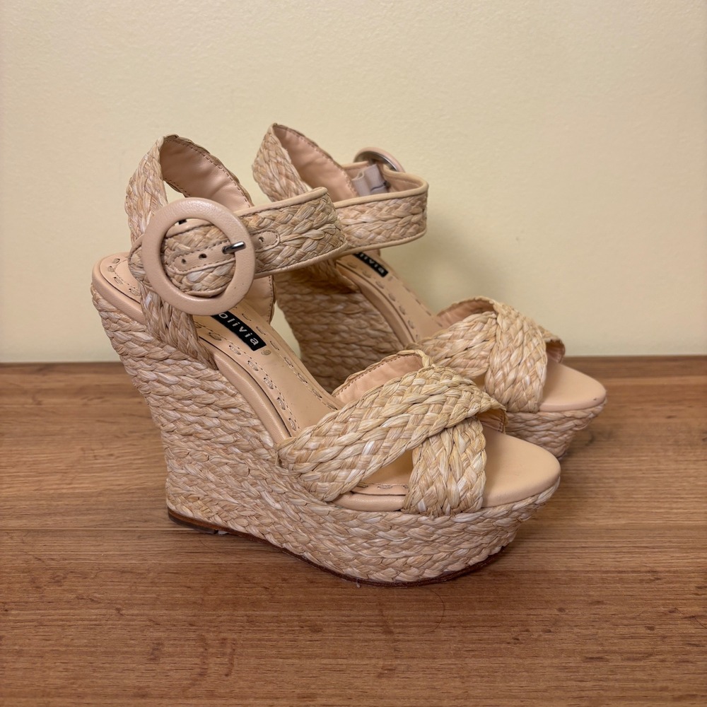 ALICE + OLIVIA Josiey Platform Wedge Sandal Natural Tan Women Size 6 Woven Party